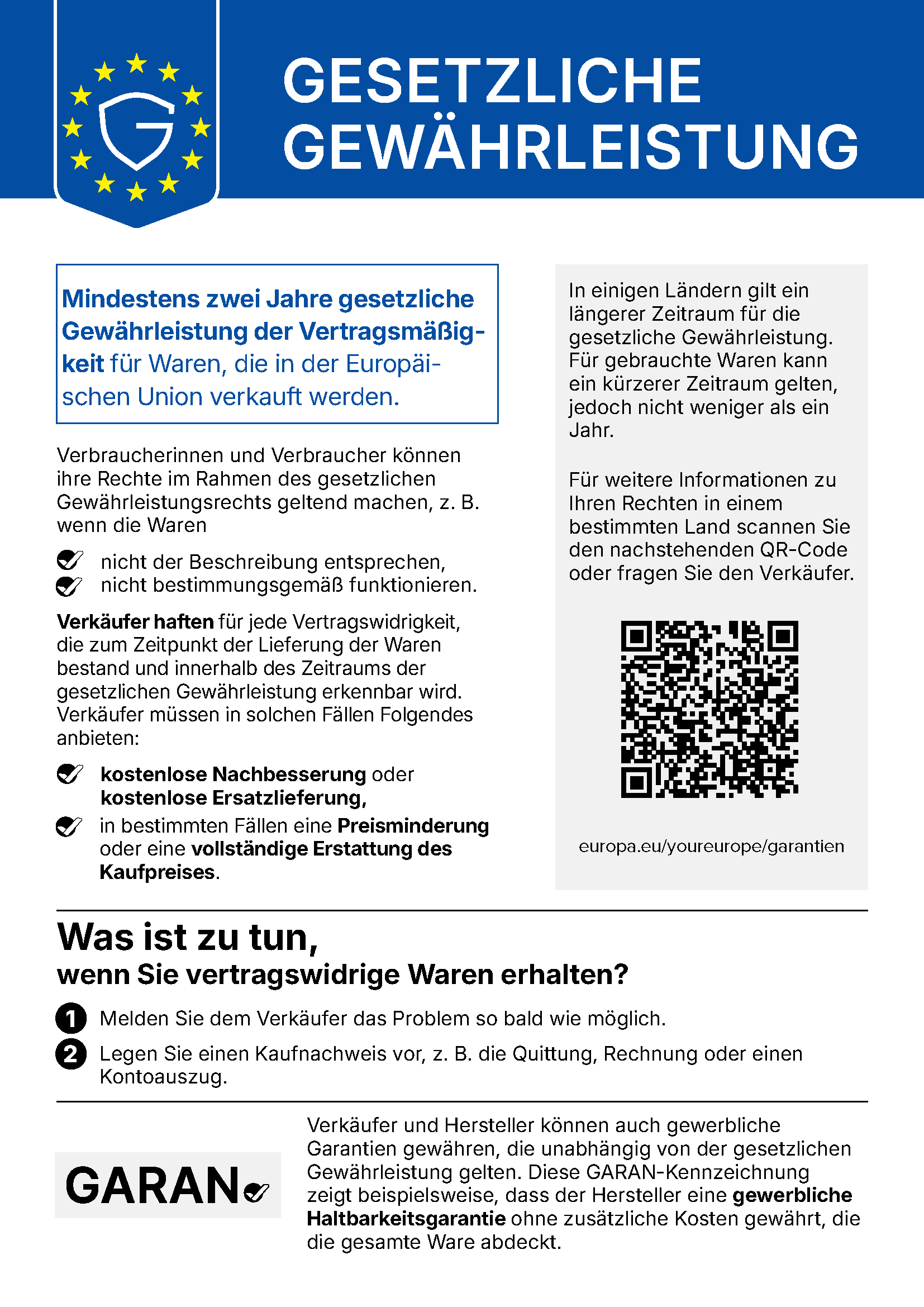 Offizieller EU-Hinweis zur gesetzlichen Gewährleistung. Öffnet Informationen auf Your Europe. Der vollständige Inhalt steht auch als lesbarer Text unter dem Bild.